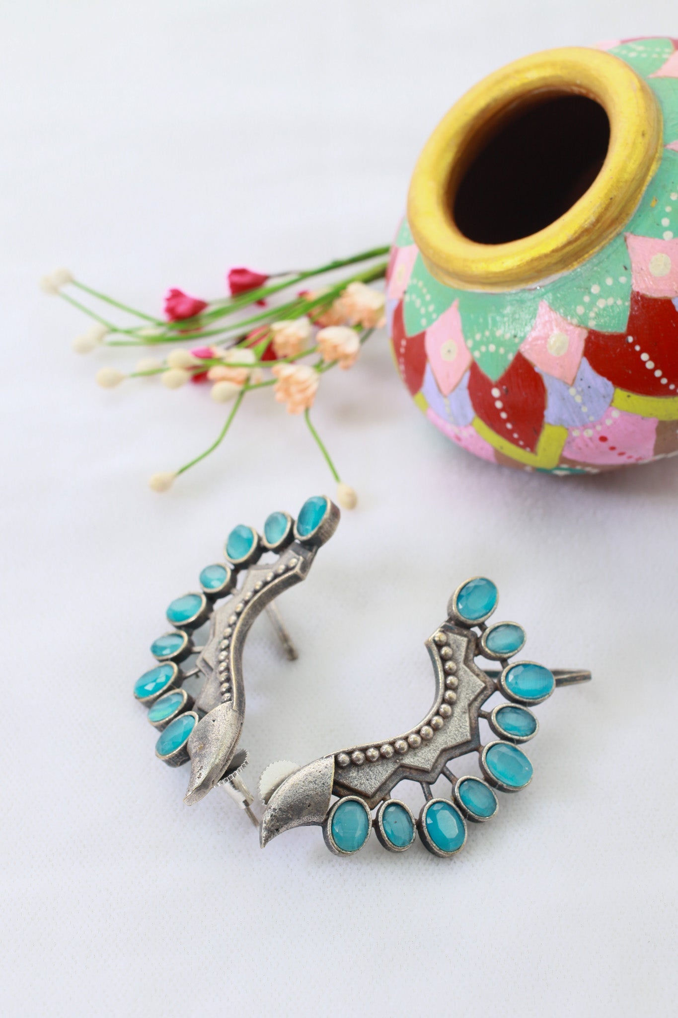 Turquoise Monalisa Stone Crescent Oxidised German Silver Earrings | Ethnic Statement Jewellery - Maxiblink