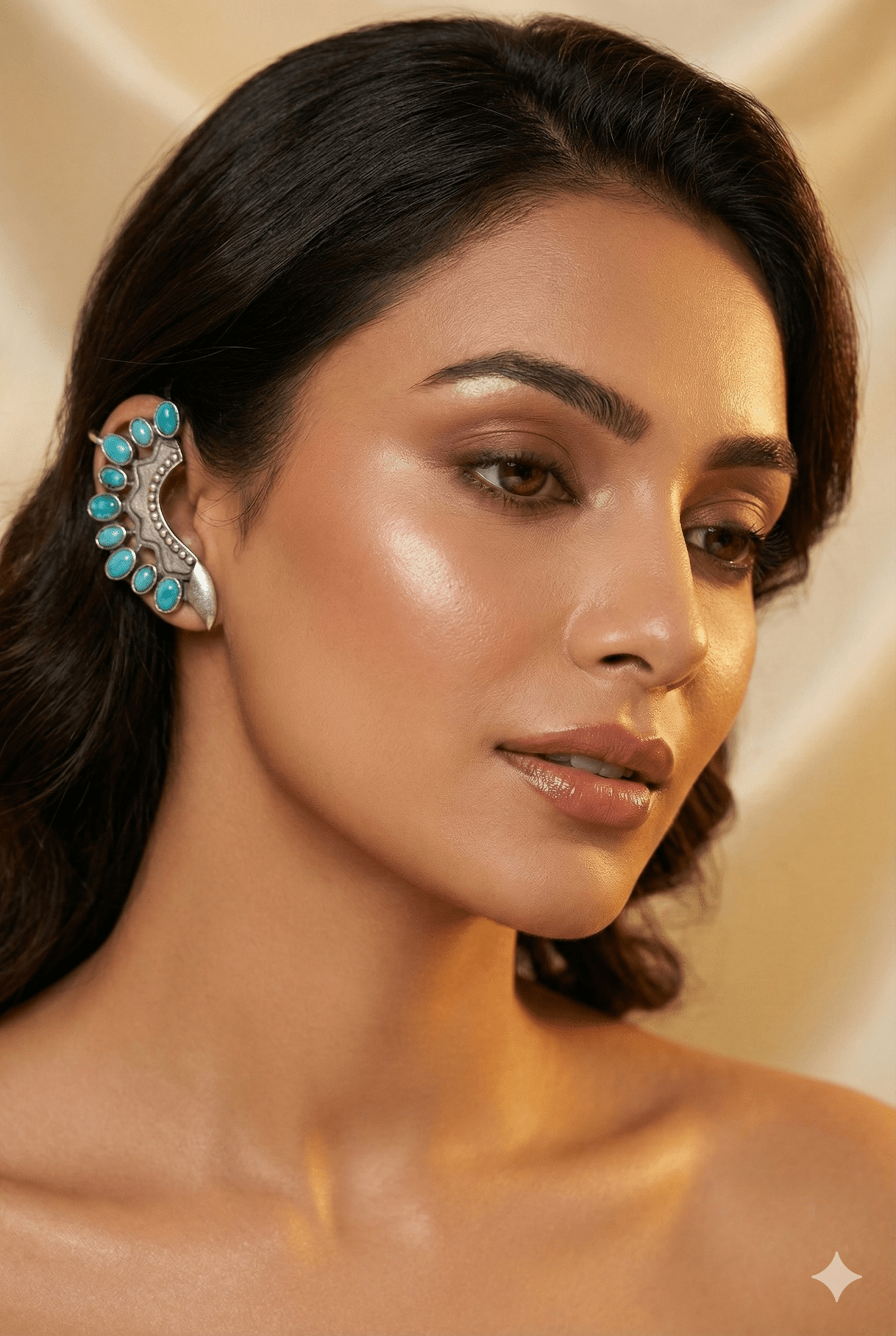 Turquoise Monalisa Stone Crescent Oxidised German Silver Earrings | Ethnic Statement Jewellery - Maxiblink
