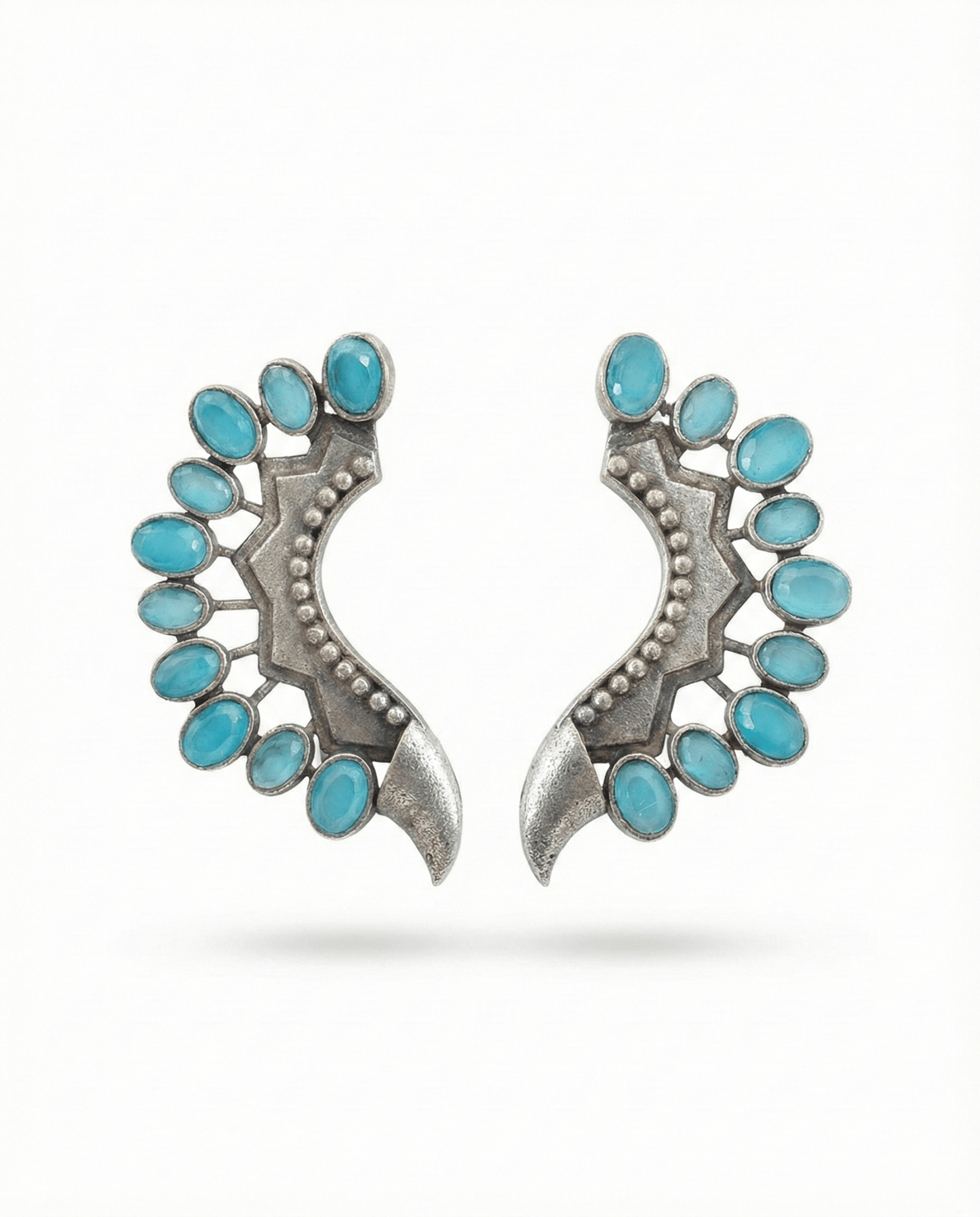 Turquoise Monalisa Stone Crescent Oxidised German Silver Earrings | Ethnic Statement Jewellery - Maxiblink