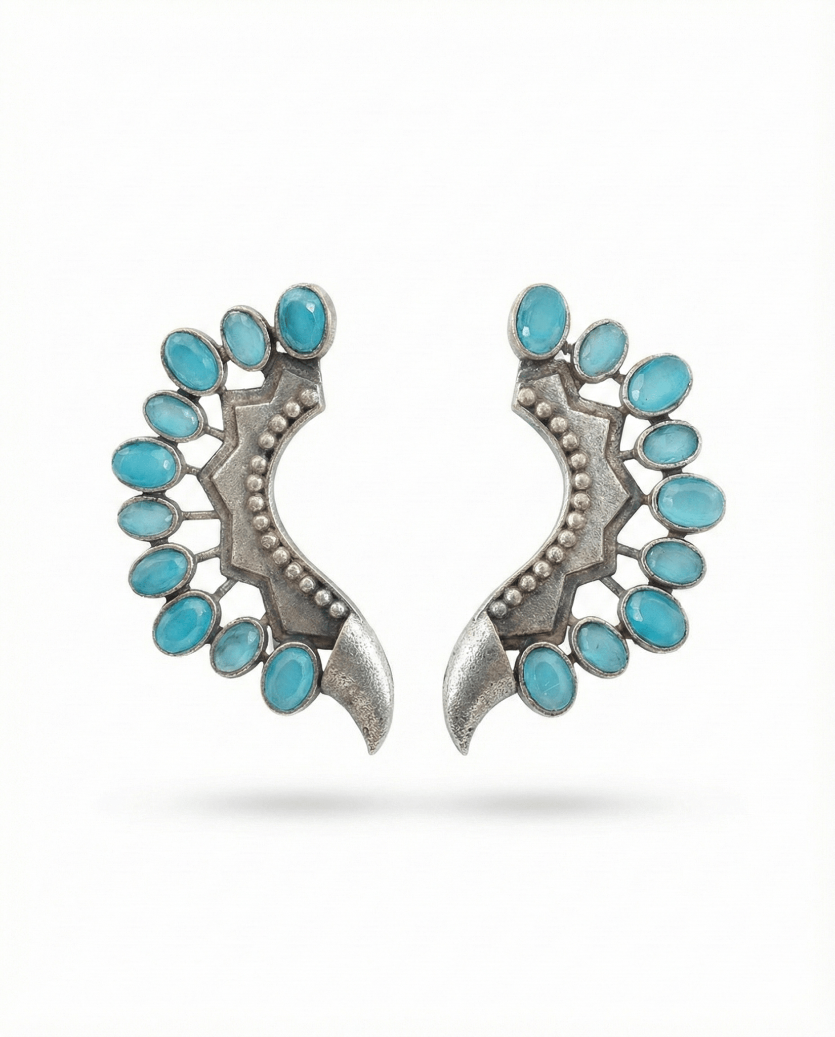 Turquoise Monalisa Stone Crescent Oxidised German Silver Earrings | Ethnic Statement Jewellery - Maxiblink