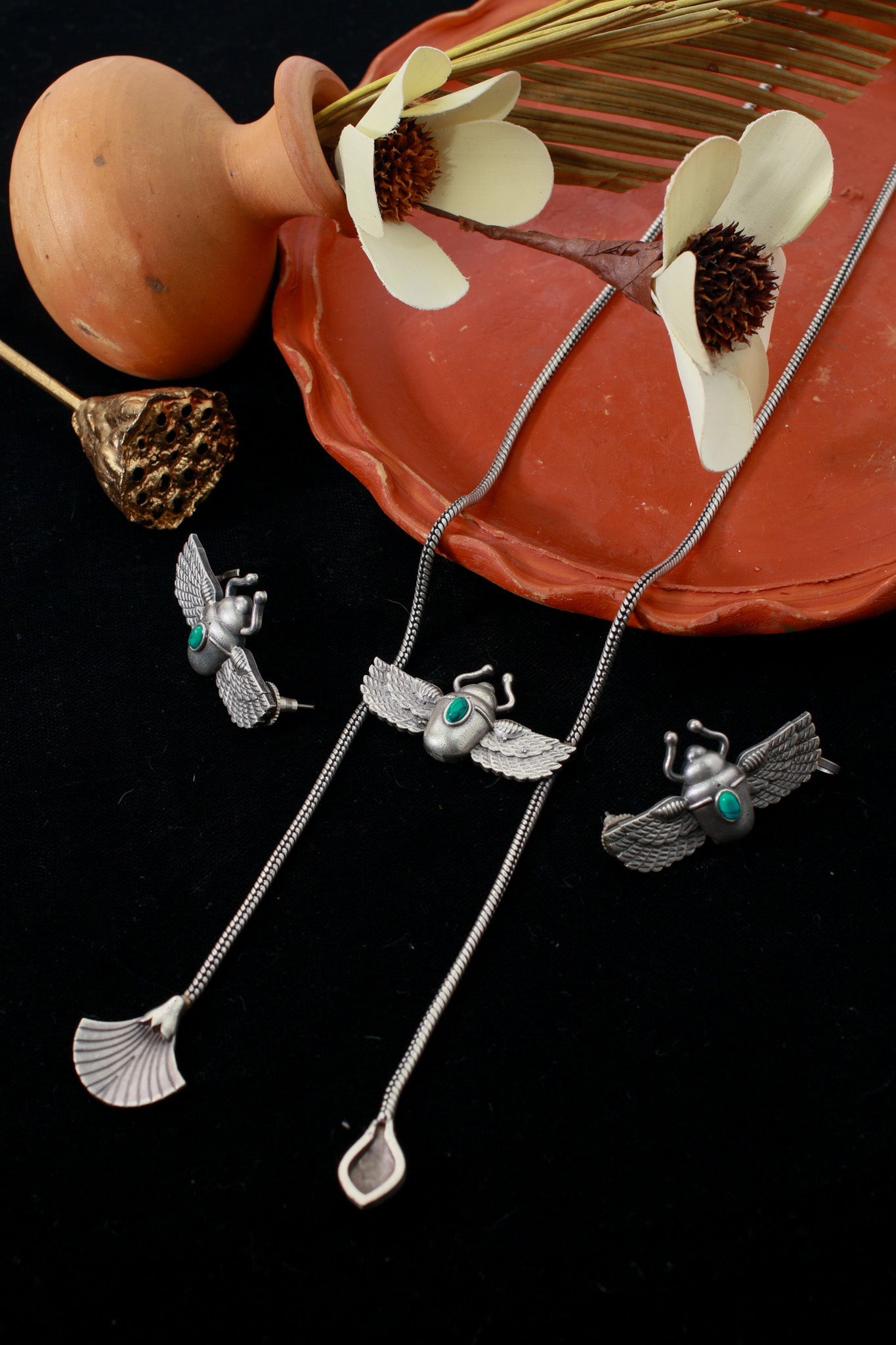 Turquoise Monalisa Winged Scarab Pendant Set | Oxidised German Silver - Maxiblink