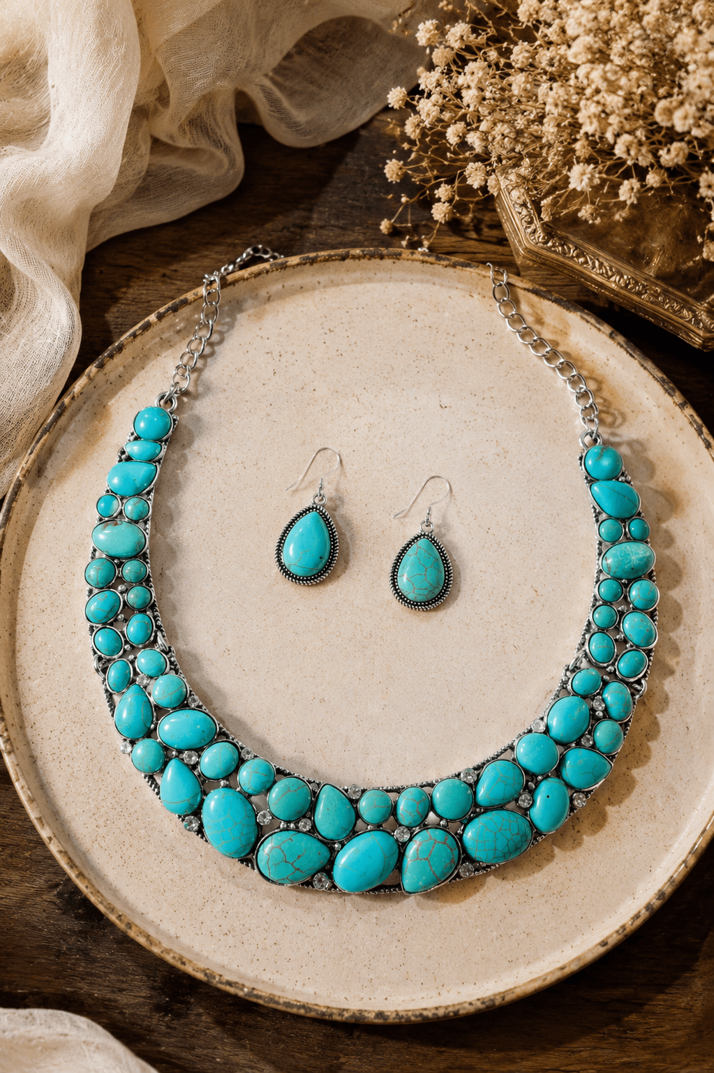 Turquoise Stone Silver Tone Collar Necklace & Earring Set - Maxiblink