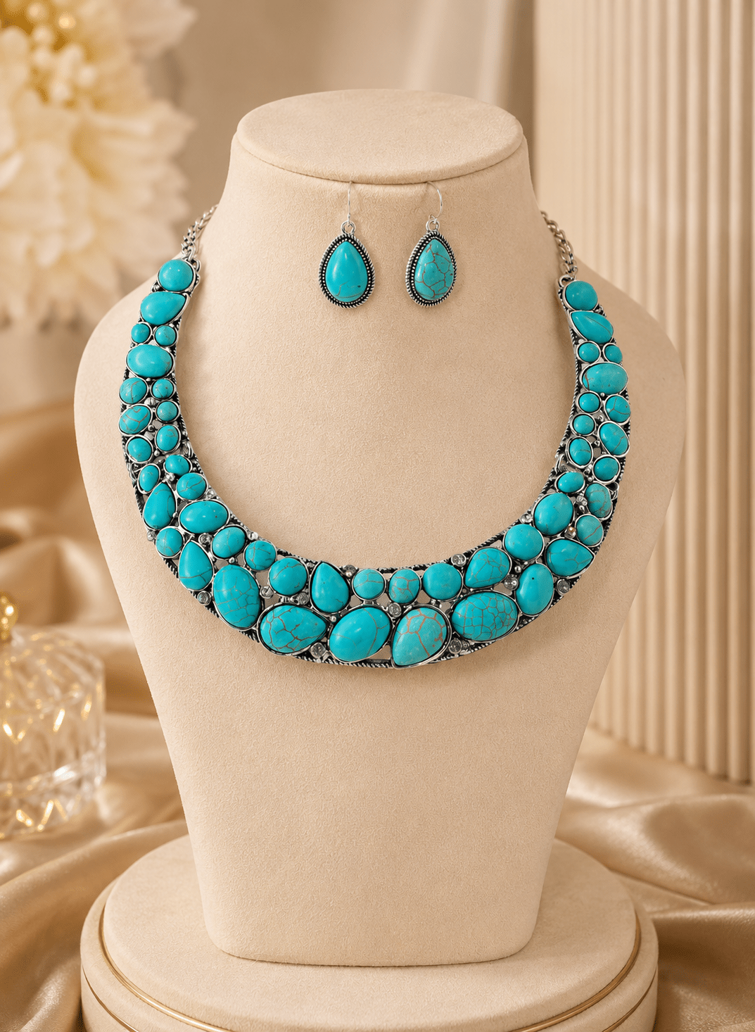 Turquoise Stone Silver Tone Collar Necklace & Earring Set - Maxiblink