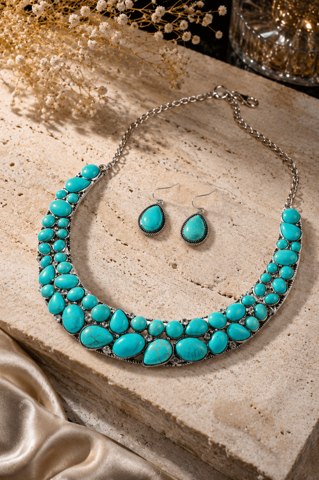 Turquoise Stone Silver Tone Collar Necklace & Earring Set - Maxiblink