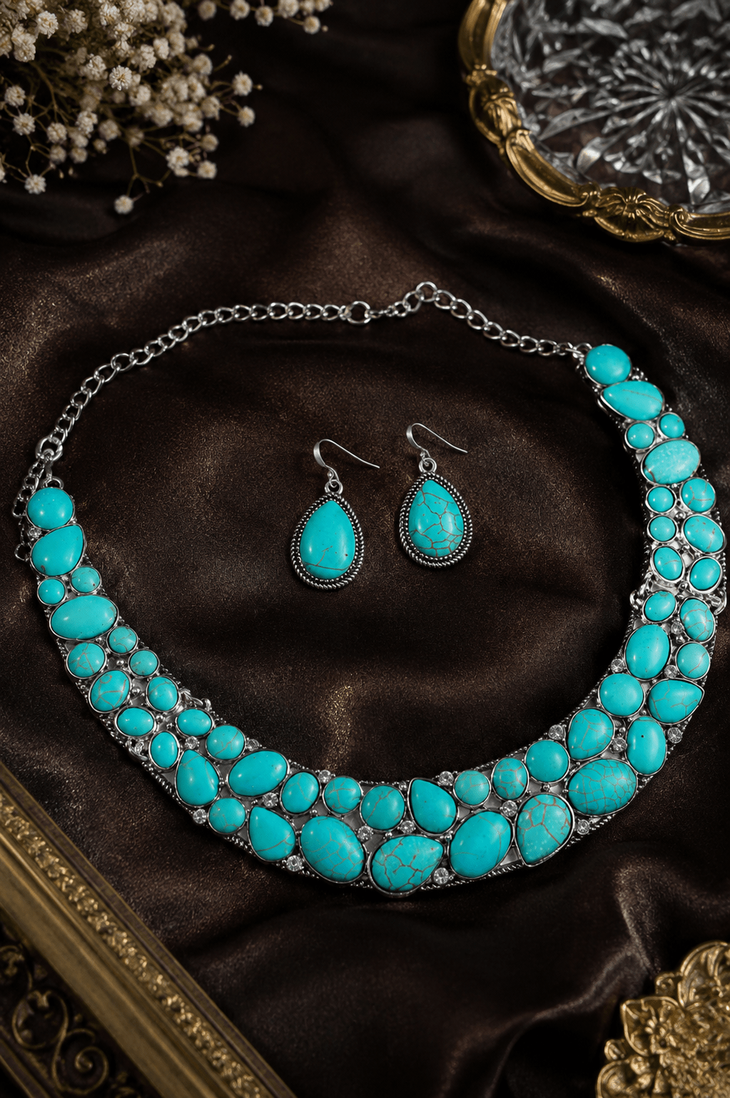 Turquoise Stone Silver Tone Collar Necklace & Earring Set - Maxiblink