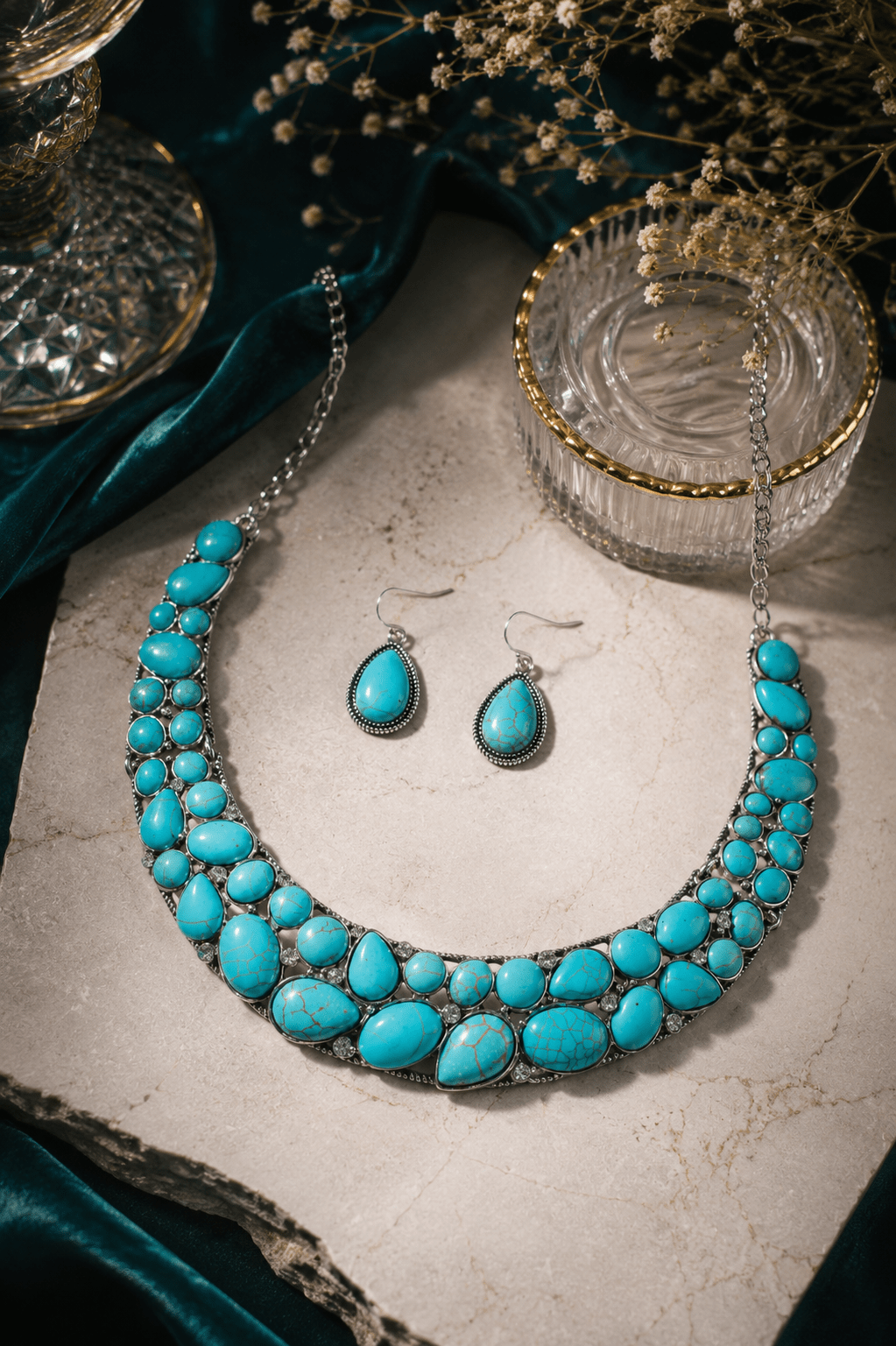 Turquoise Stone Silver Tone Collar Necklace & Earring Set - Maxiblink
