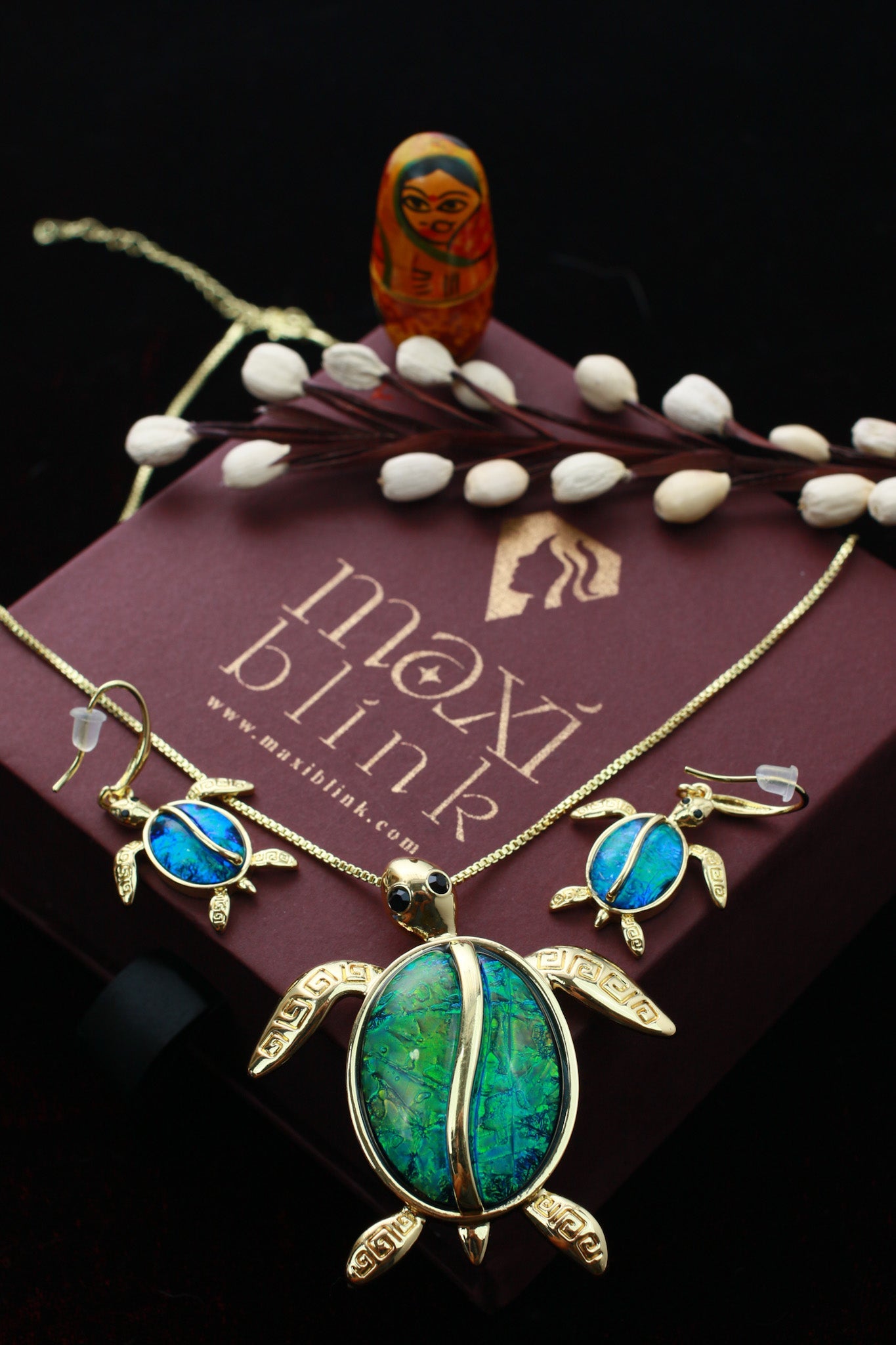 Turtle Blue Enamel Pendant Set - Luxury Gold Plated Turtle Necklace & Earrings | Anti Tarnish Coating - Maxiblink