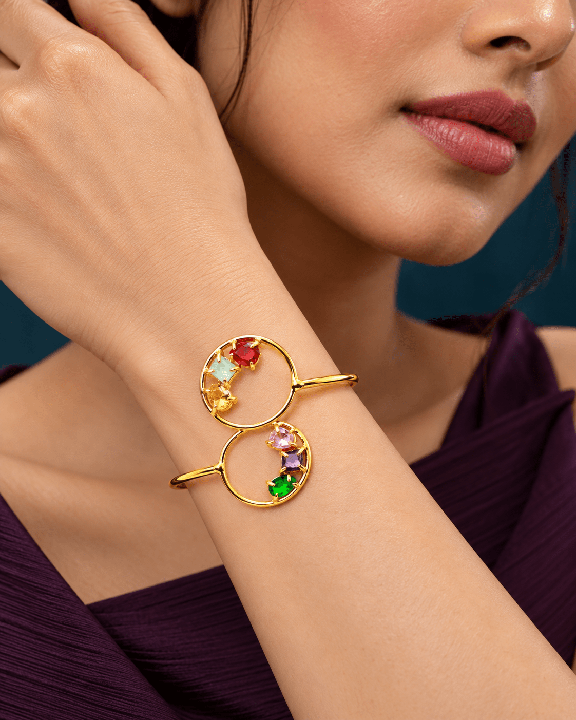 Twin Circle Multicolour Stone Bypass Cuff Bracelet - Maxiblink