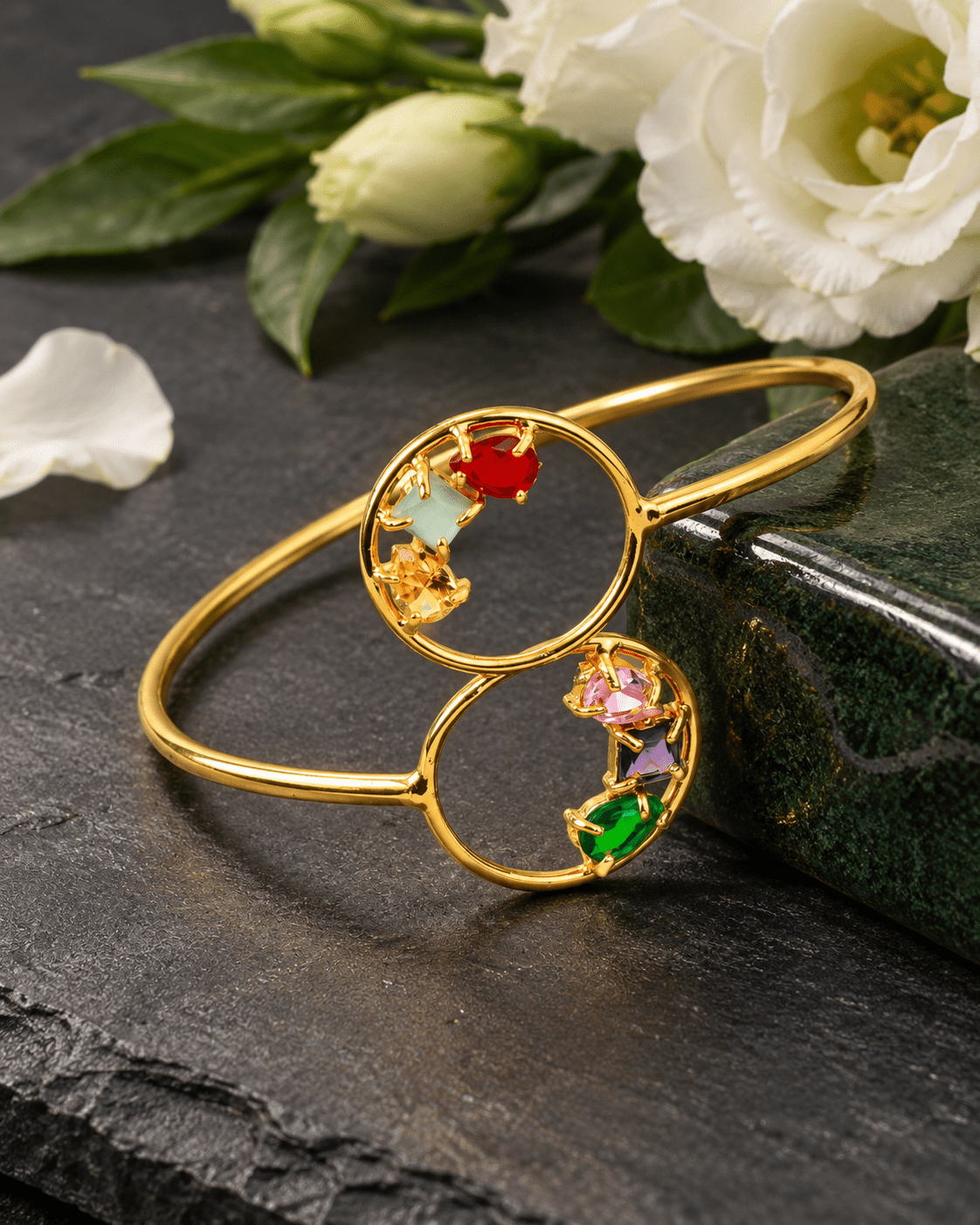 Twin Circle Multicolour Stone Bypass Cuff Bracelet - Maxiblink