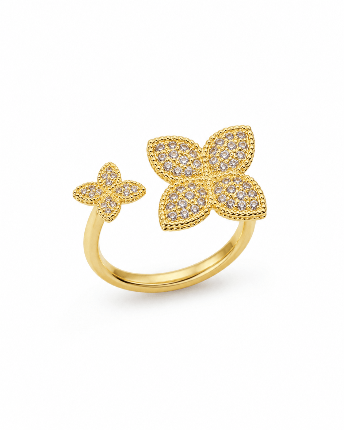 Twin Clover Butterfly Pave Ring — anti-tarnish adjustable free-size ring, MaxiBlink demi-fine