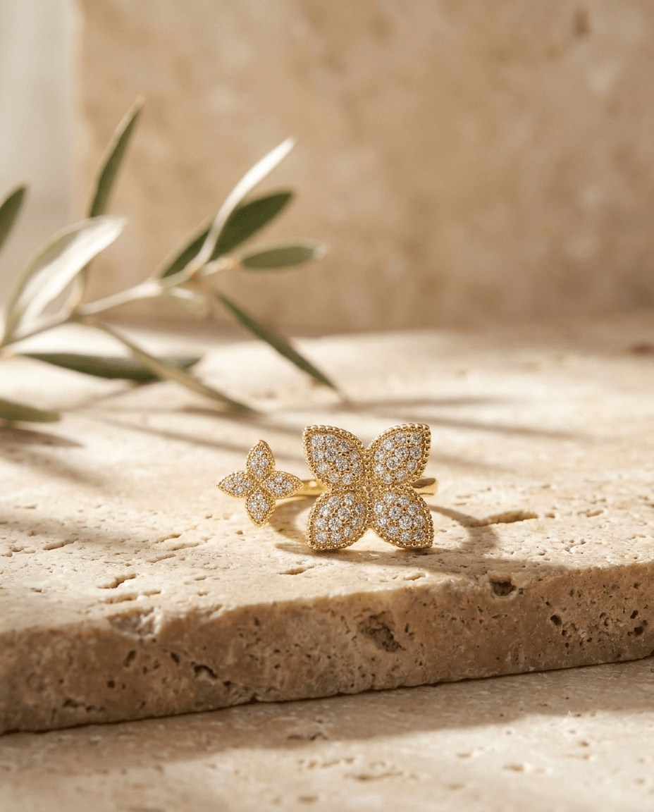 Twin Clover Butterfly Pave Ring, free-size open band — MaxiBlink gold-plated demi-fine jewellery