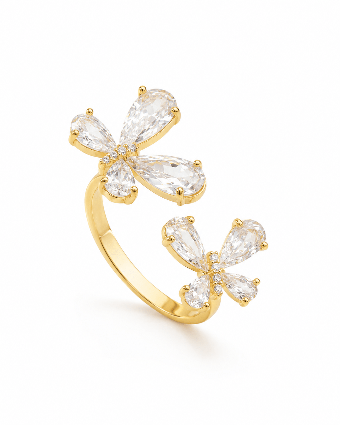 Twin Crystal Butterfly Open Ring — anti-tarnish adjustable free-size ring, MaxiBlink demi-fine