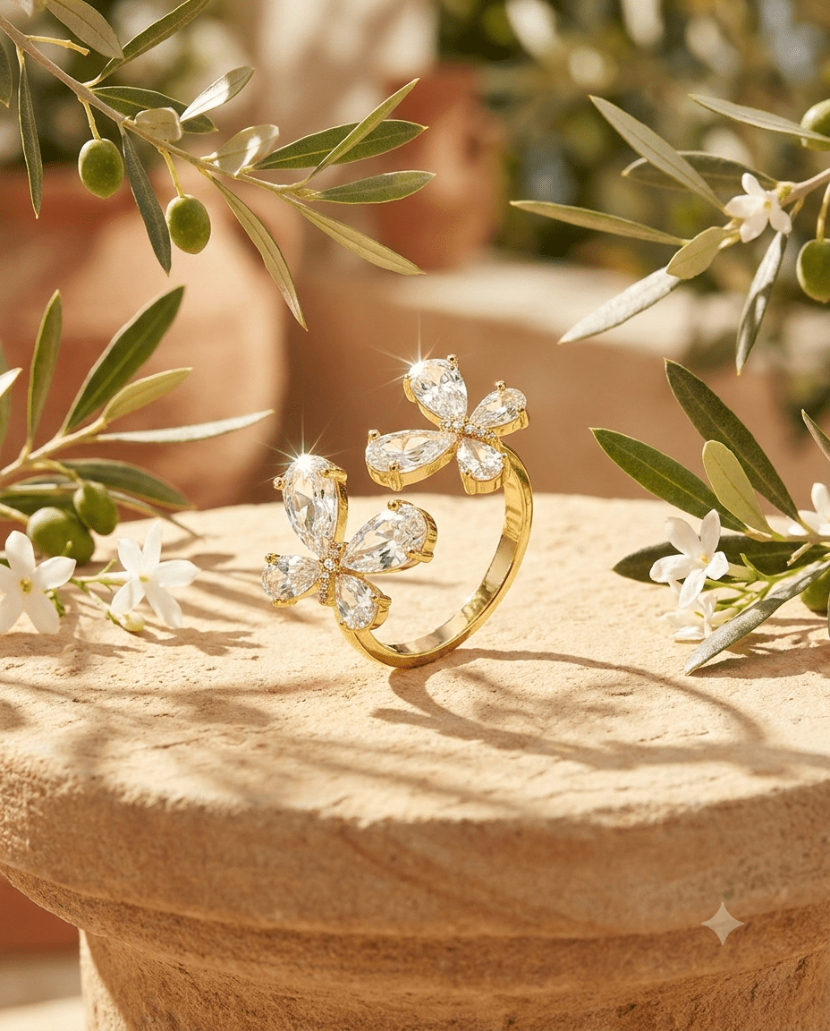 Twin Crystal Butterfly Open Ring, free-size open band — MaxiBlink gold-plated demi-fine jewellery