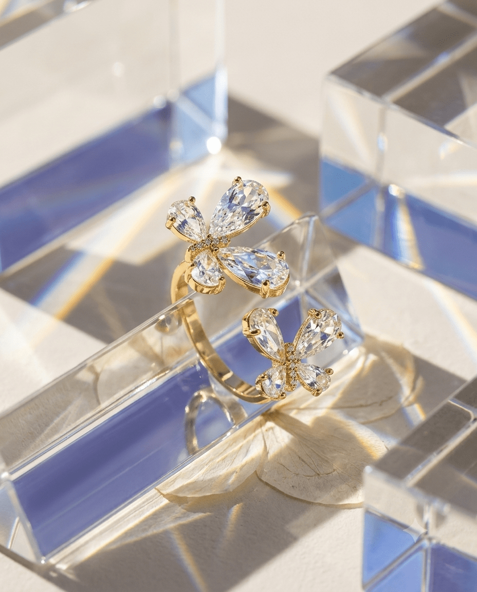 Twin Crystal Butterfly Open Ring close-up detail — 18K gold-plated anti-tarnish ring, MaxiBlink