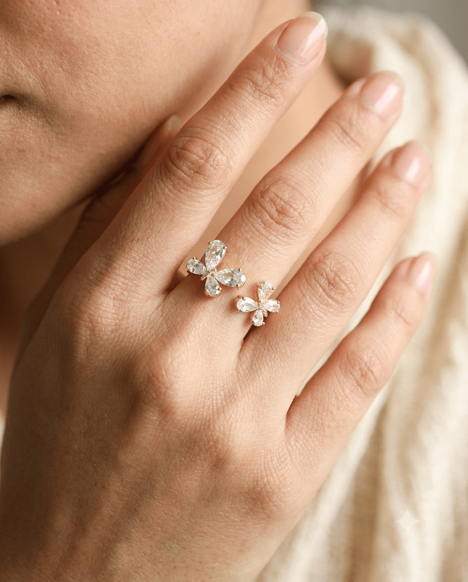 Twin Crystal Butterfly Open Ring in 18K gold-plated stainless steel — MaxiBlink