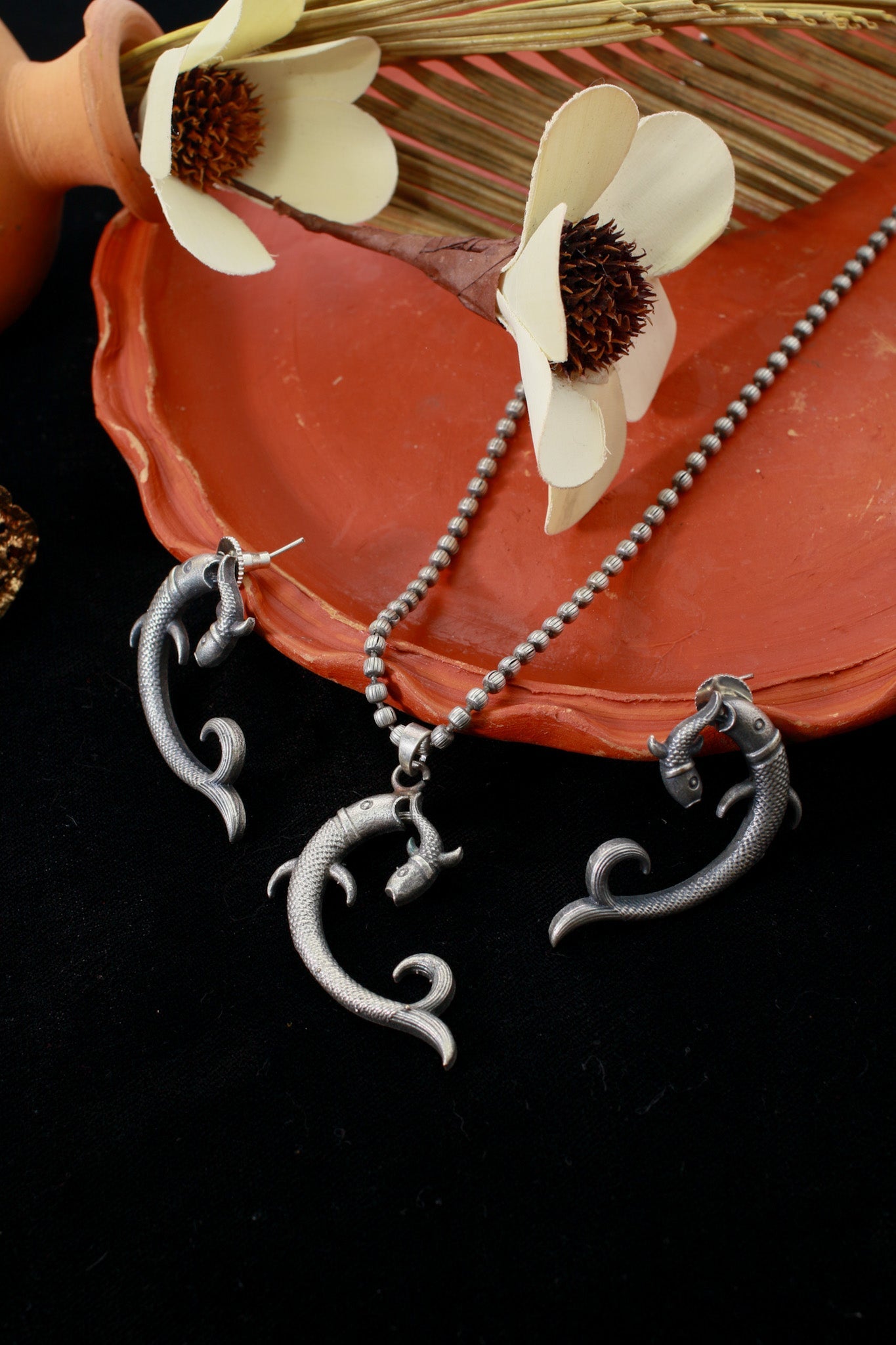Twin Fish Motif Pendant Set | Oxidised German Silver - Maxiblink