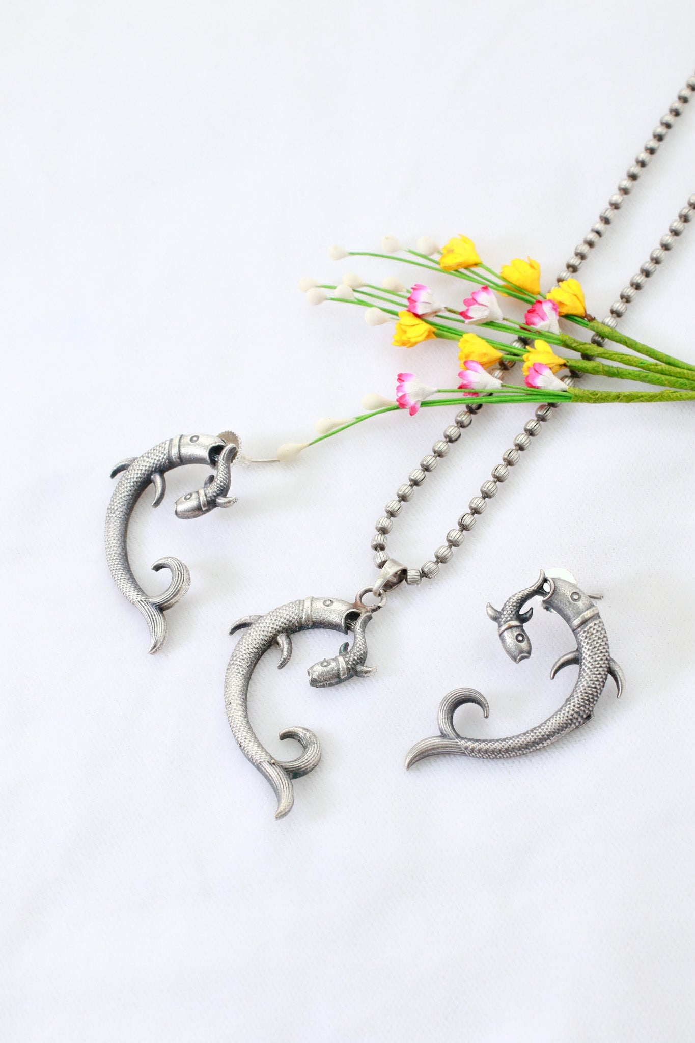 Twin Fish Motif Pendant Set | Oxidised German Silver - Maxiblink