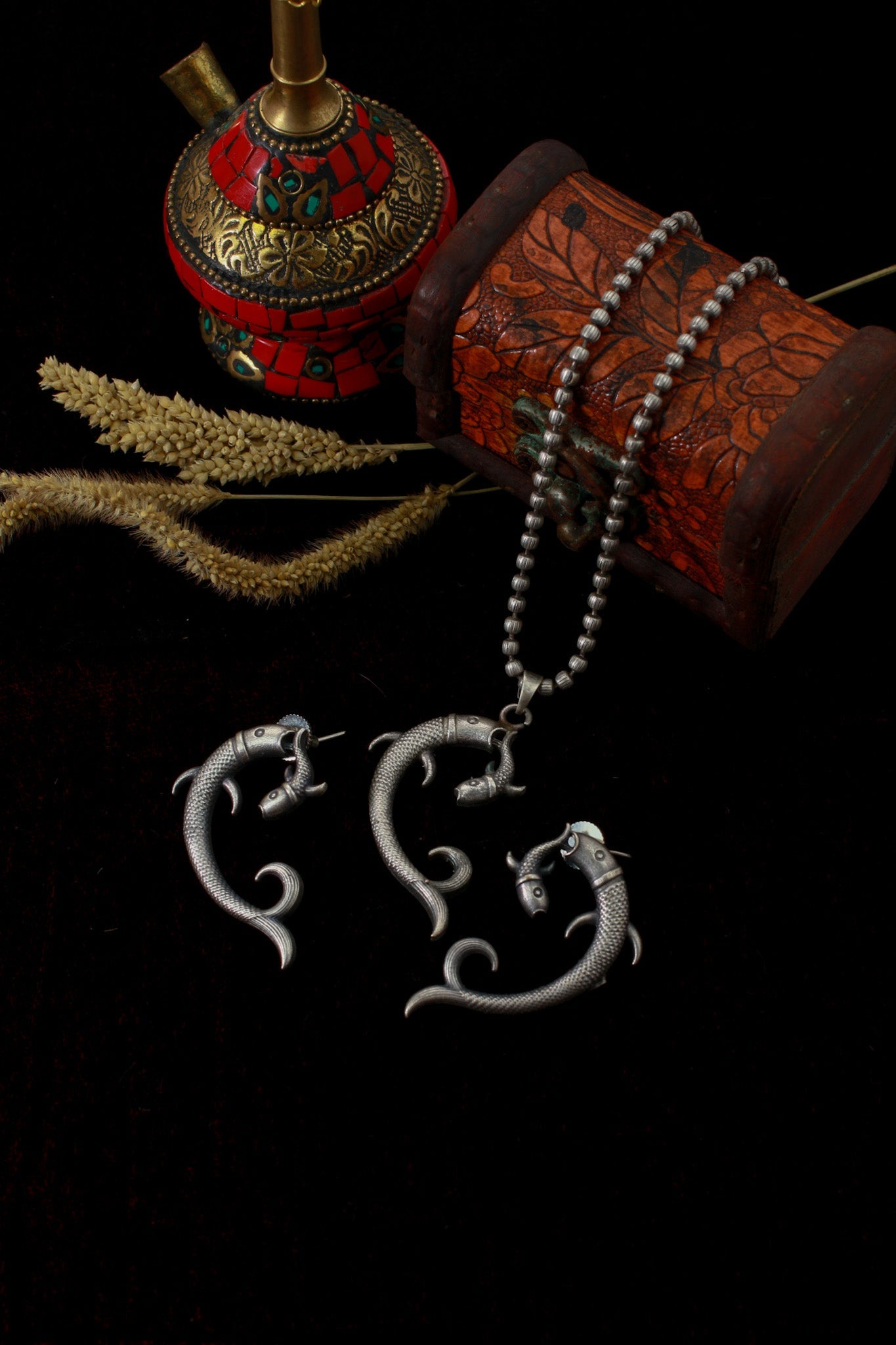 Twin Fish Motif Pendant Set | Oxidised German Silver - Maxiblink