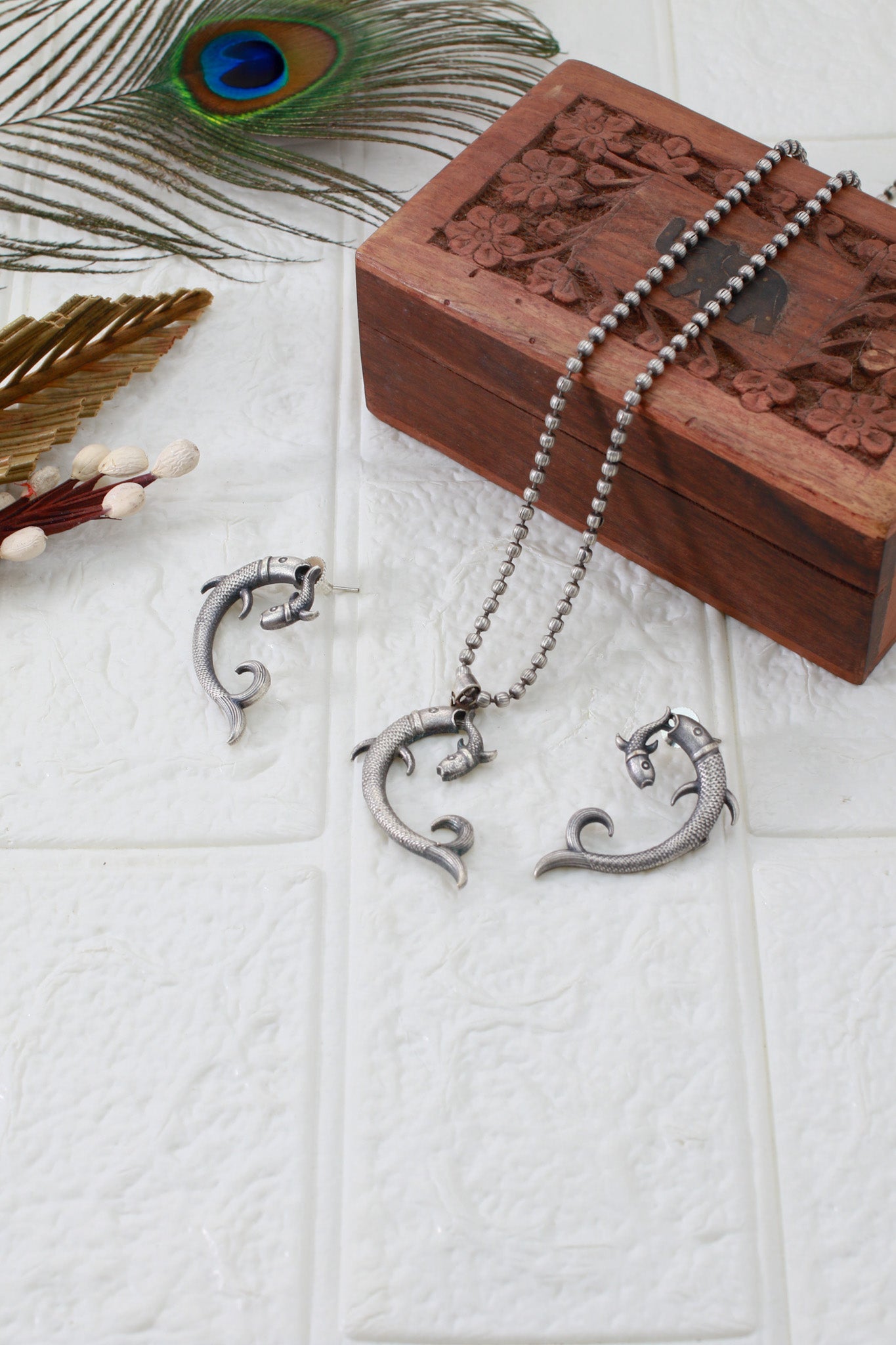 Twin Fish Motif Pendant Set | Oxidised German Silver - Maxiblink