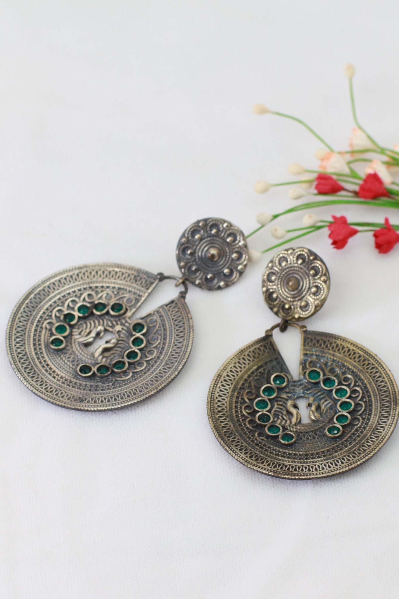 Twin Peacock Coin Disc Earrings with Green Accents | Oxidised German Silver - Maxiblink