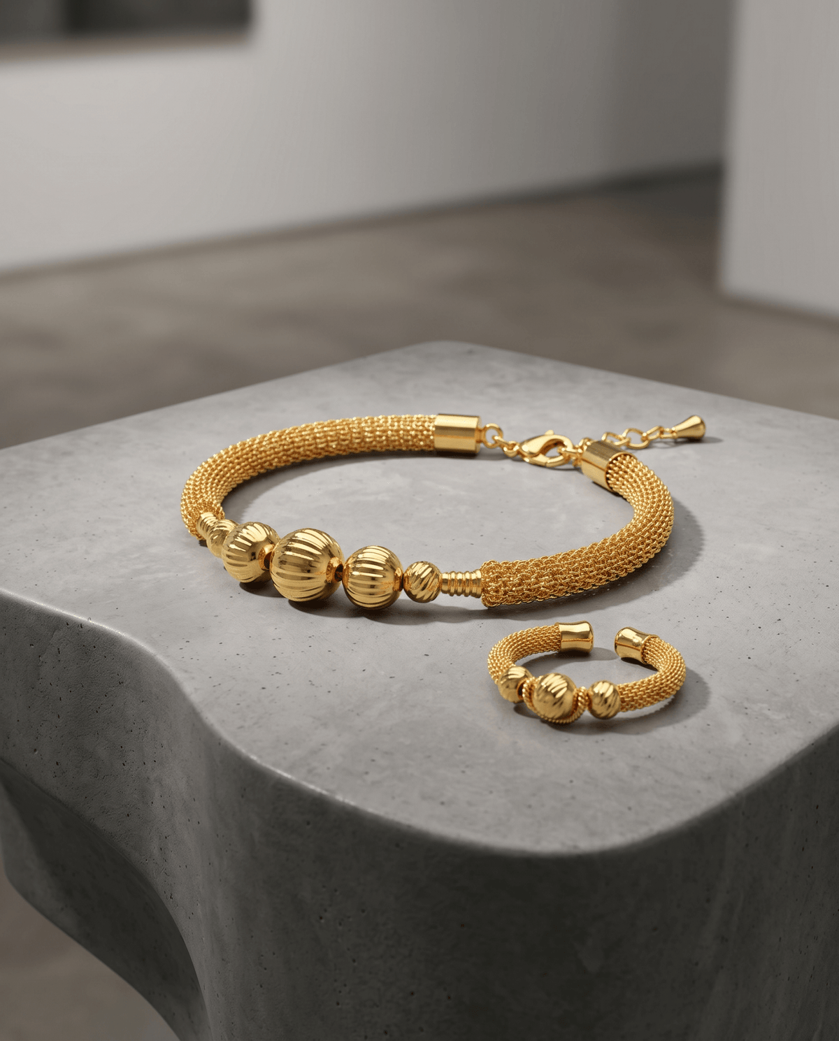 Twisted Mesh Beaded Bracelet & Ring Set - Maxiblink