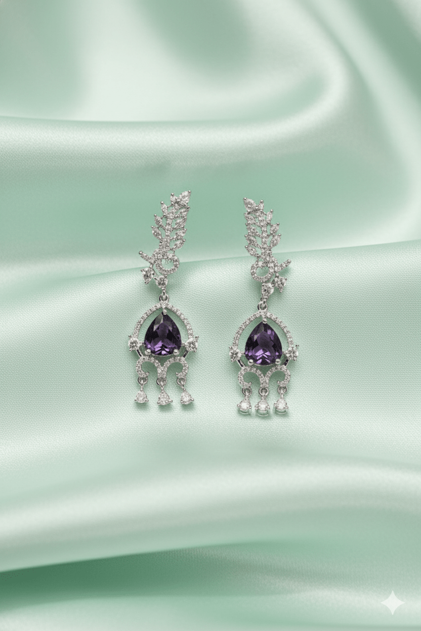 Vintage Scroll Drop Earrings with Purple Stones - Maxiblink