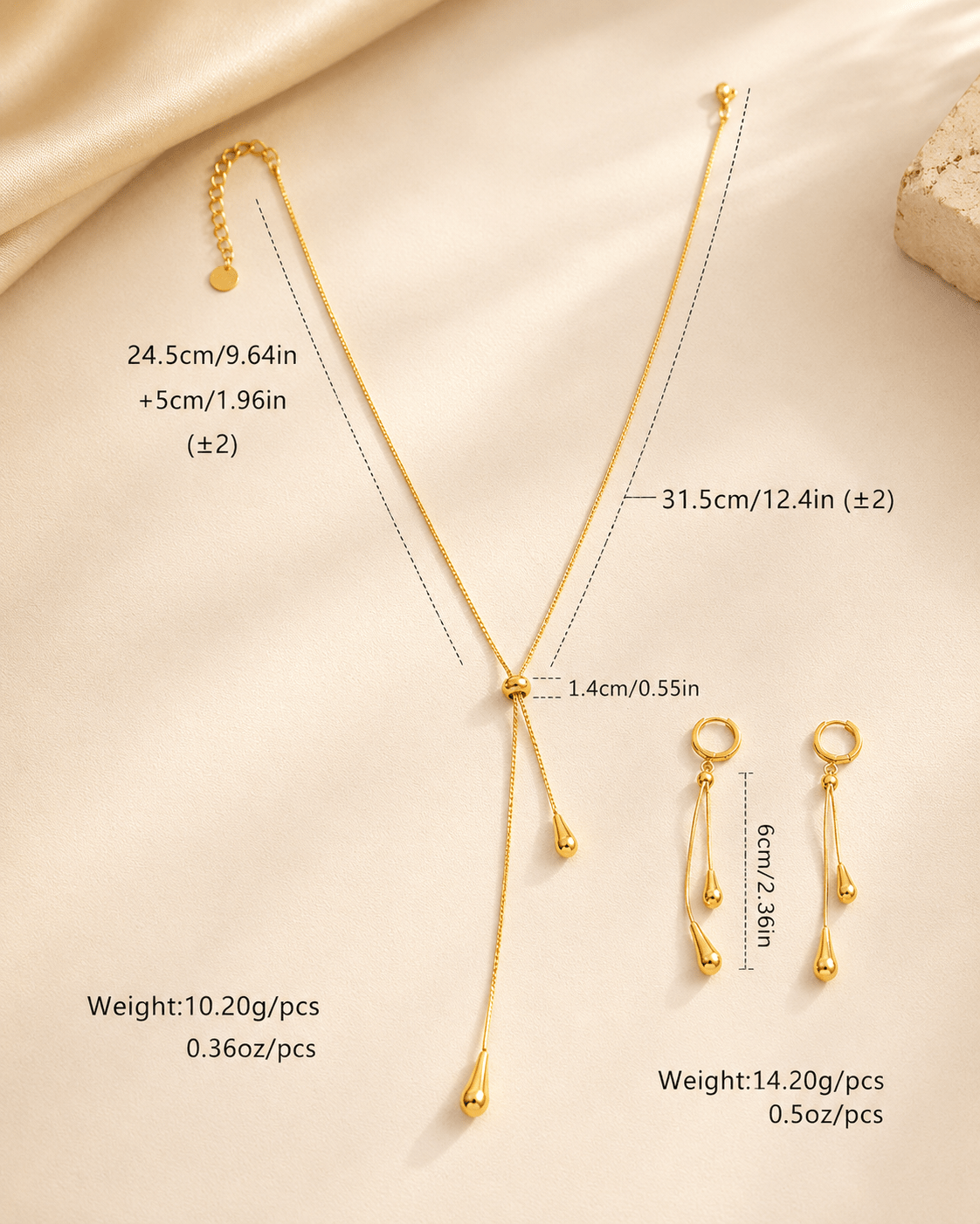 Water Droplet Lariat Necklace & Earrings Set - Minimalist Gold Stainless Steel