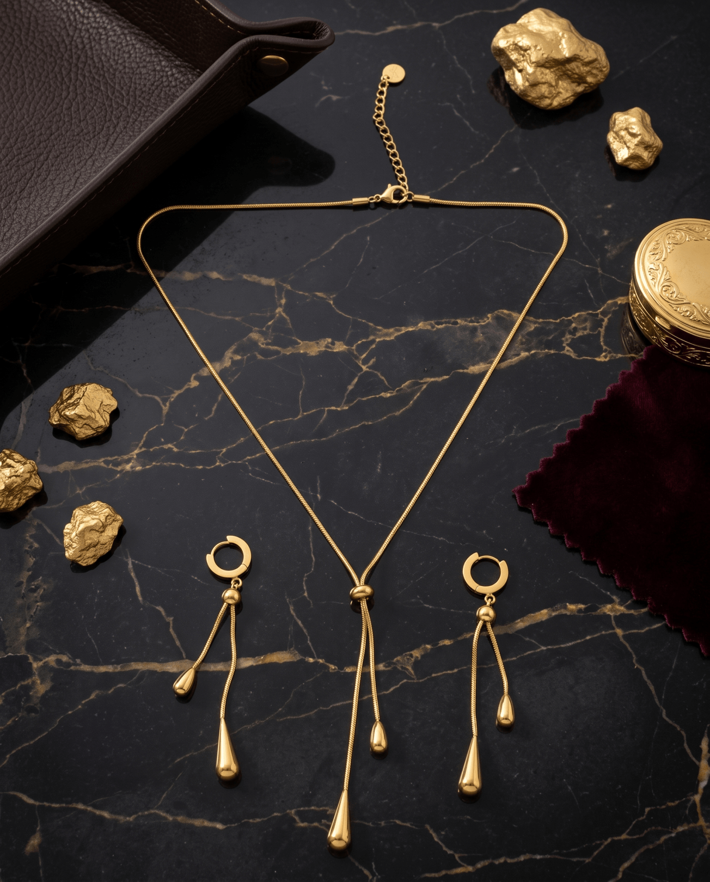 Water Droplet Lariat Necklace & Earrings Set - Minimalist Gold Stainless Steel