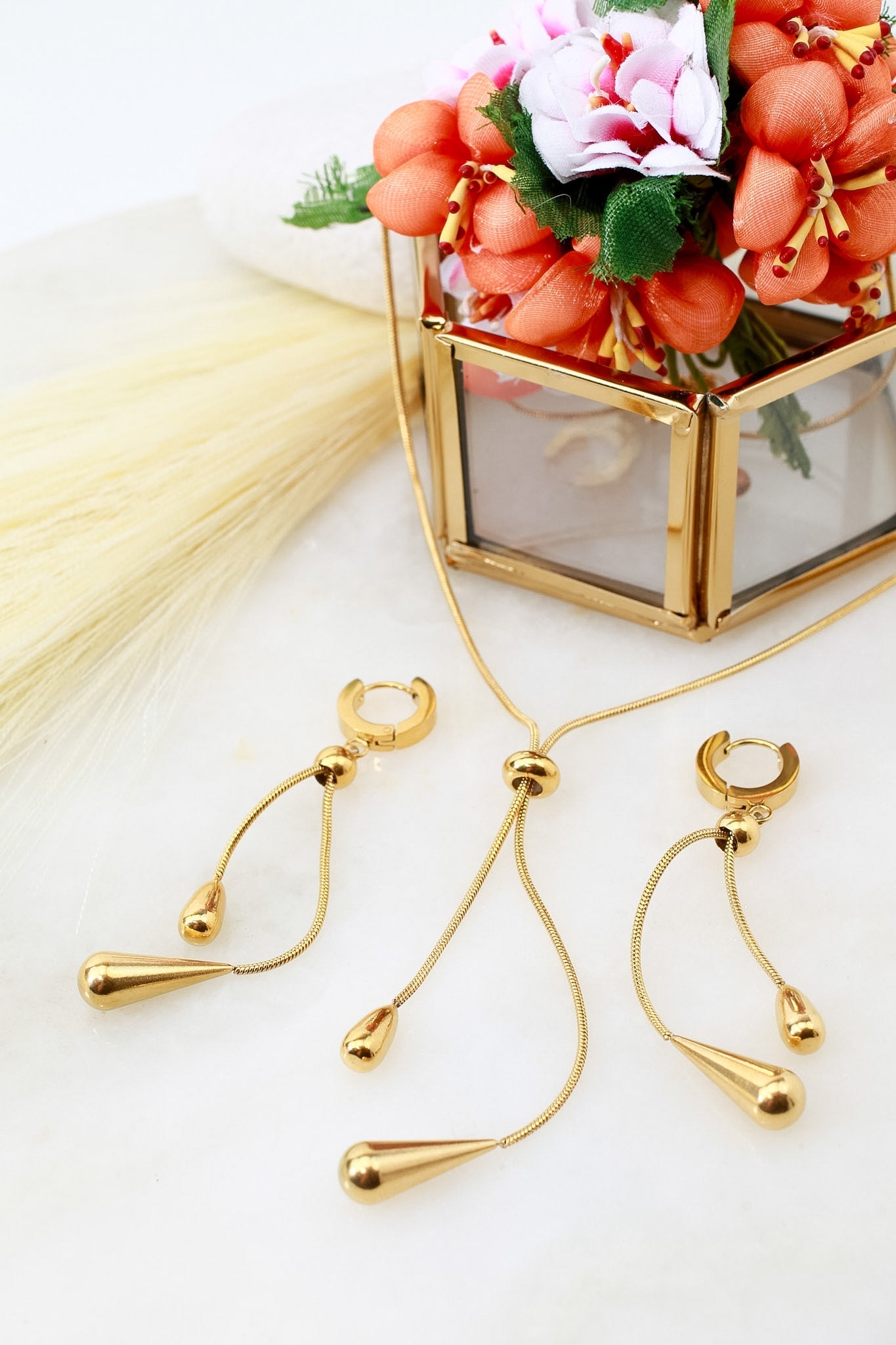 Water Droplet Lariat Necklace & Earrings Set - Minimalist Gold Stainless Steel