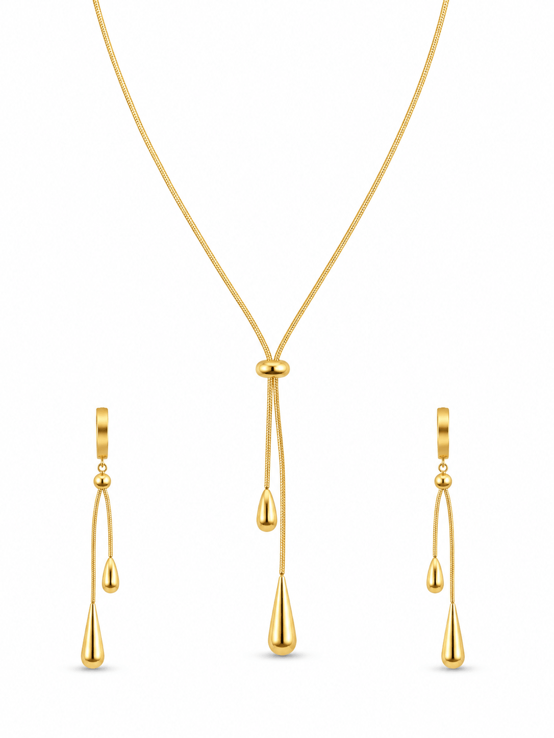 Water Droplet Lariat Necklace & Earrings Set - Minimalist Gold Stainless Steel