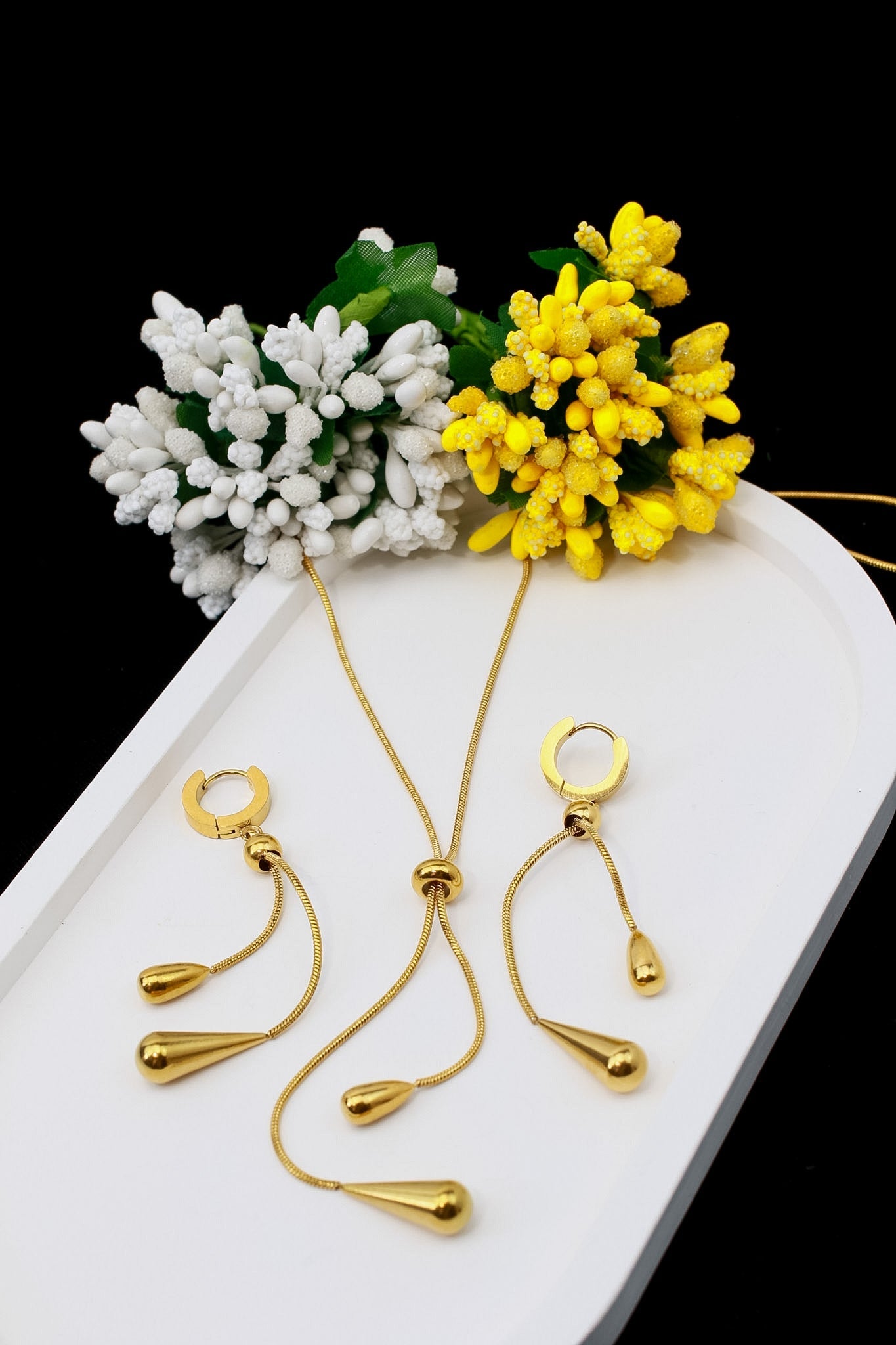 Water Droplet Lariat Necklace & Earrings Set - Minimalist Gold Stainless Steel