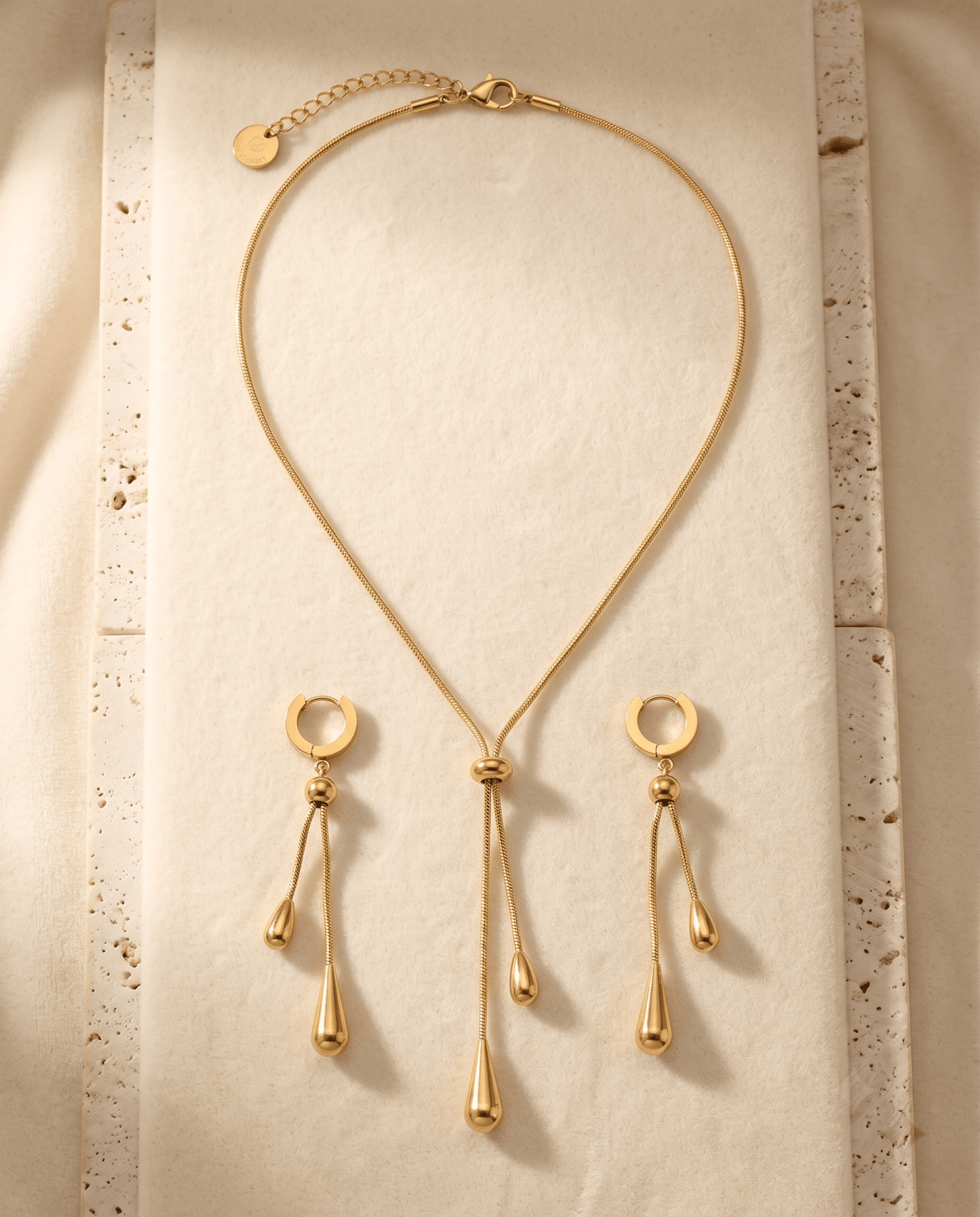 Water Droplet Lariat Necklace & Earrings Set - Minimalist Gold Stainless Steel