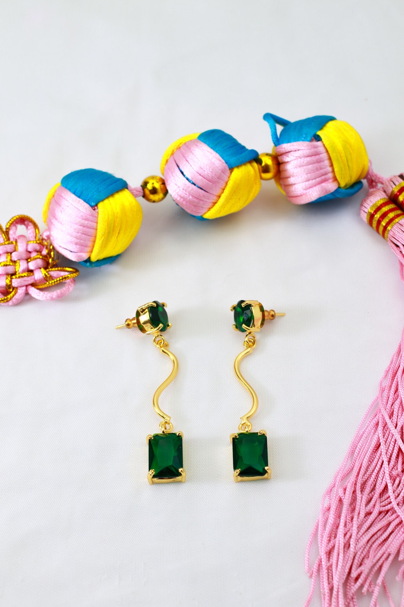 Wavy Bar Drop Earrings with Emerald‑Green Stone | Natural Stone, Gold‑Plated Brass - Maxiblink