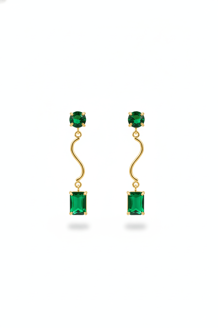 Wavy Bar Drop Earrings with Emerald‑Green Stone | Natural Stone, Gold‑Plated Brass - Maxiblink
