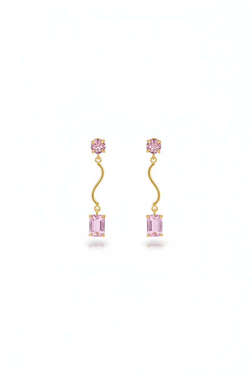 Wavy Bar Drop Earrings with Rose Emerald‑Cut Stone | Natural Stone, Gold‑Plated Brass - Maxiblink