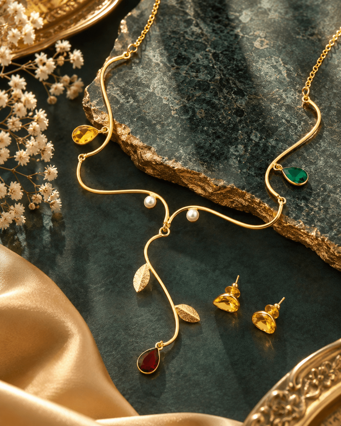 Wavy Vine Stone & Pearl Leaf Necklace Set - Maxiblink