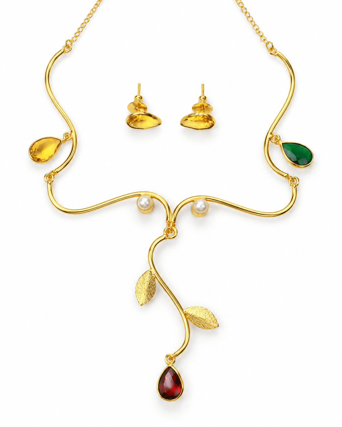 Wavy Vine Stone & Pearl Leaf Necklace Set - Maxiblink