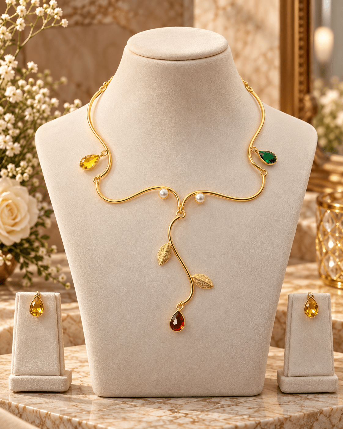 Wavy Vine Stone & Pearl Leaf Necklace Set - Maxiblink