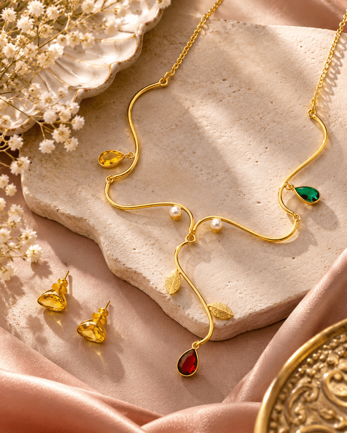 Wavy Vine Stone & Pearl Leaf Necklace Set - Maxiblink