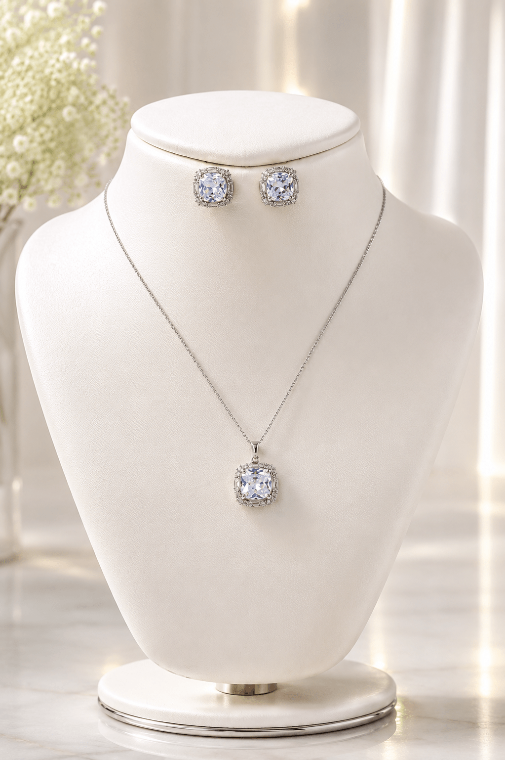 White Cushion Crystal Pendant Set - Maxiblink