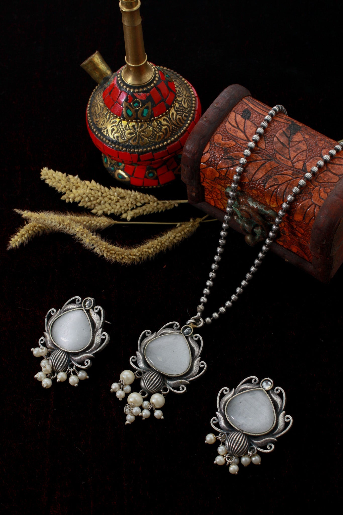 White Monalisa Lotus Pendant Set with Pearl Drops | Oxidised German Silver - Maxiblink