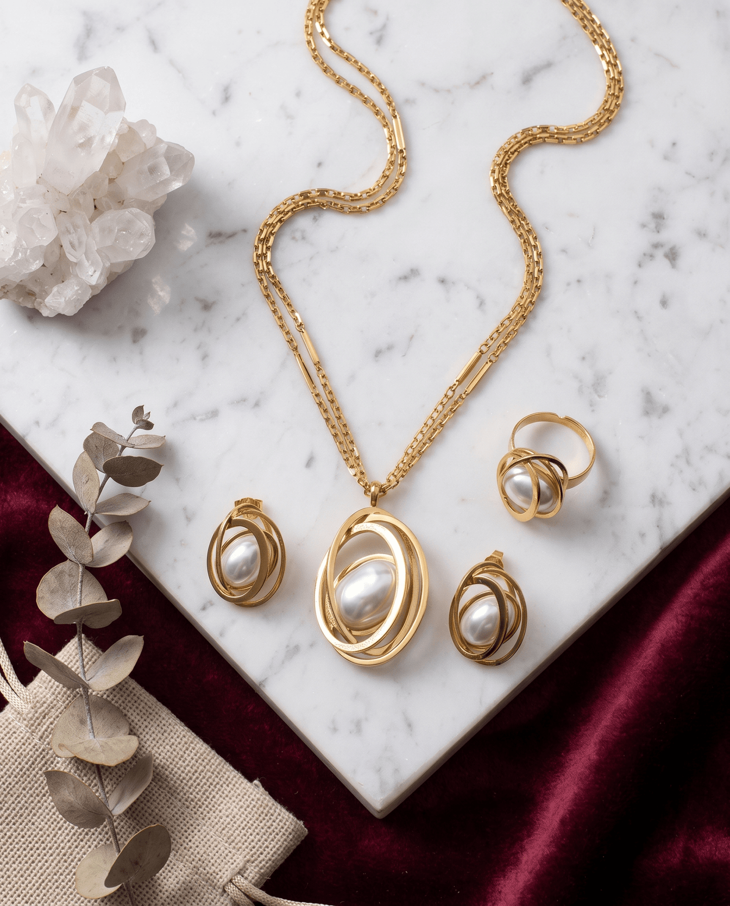 Wrapped Pearl Necklace, Earrings & Ring Set - Gold Spiral Statement Jewellery