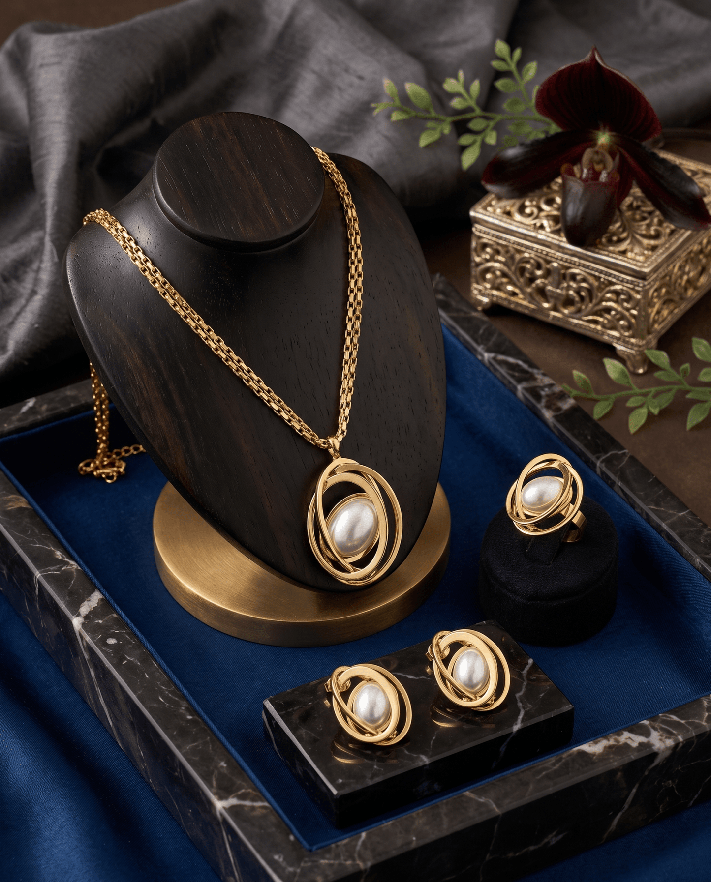 Wrapped Pearl Necklace, Earrings & Ring Set - Gold Spiral Statement Jewellery