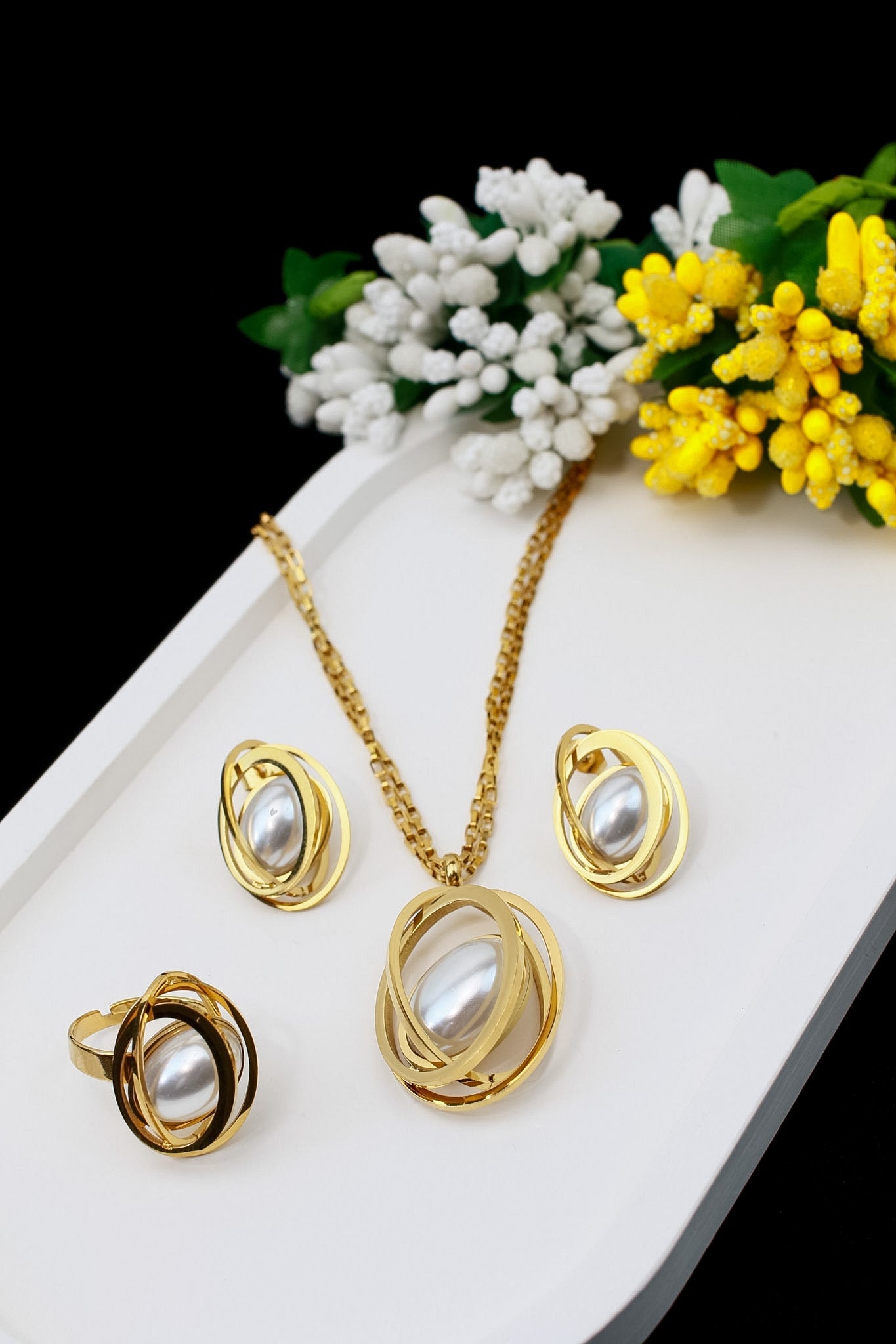 Wrapped Pearl Necklace, Earrings & Ring Set - Gold Spiral Statement Jewellery