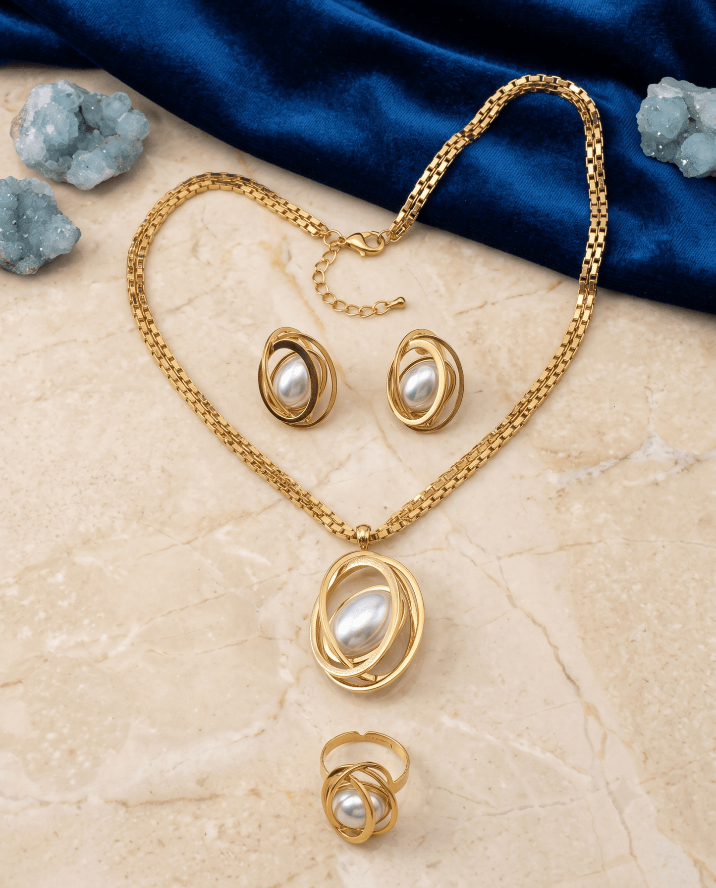 Wrapped Pearl Necklace, Earrings & Ring Set - Gold Spiral Statement Jewellery
