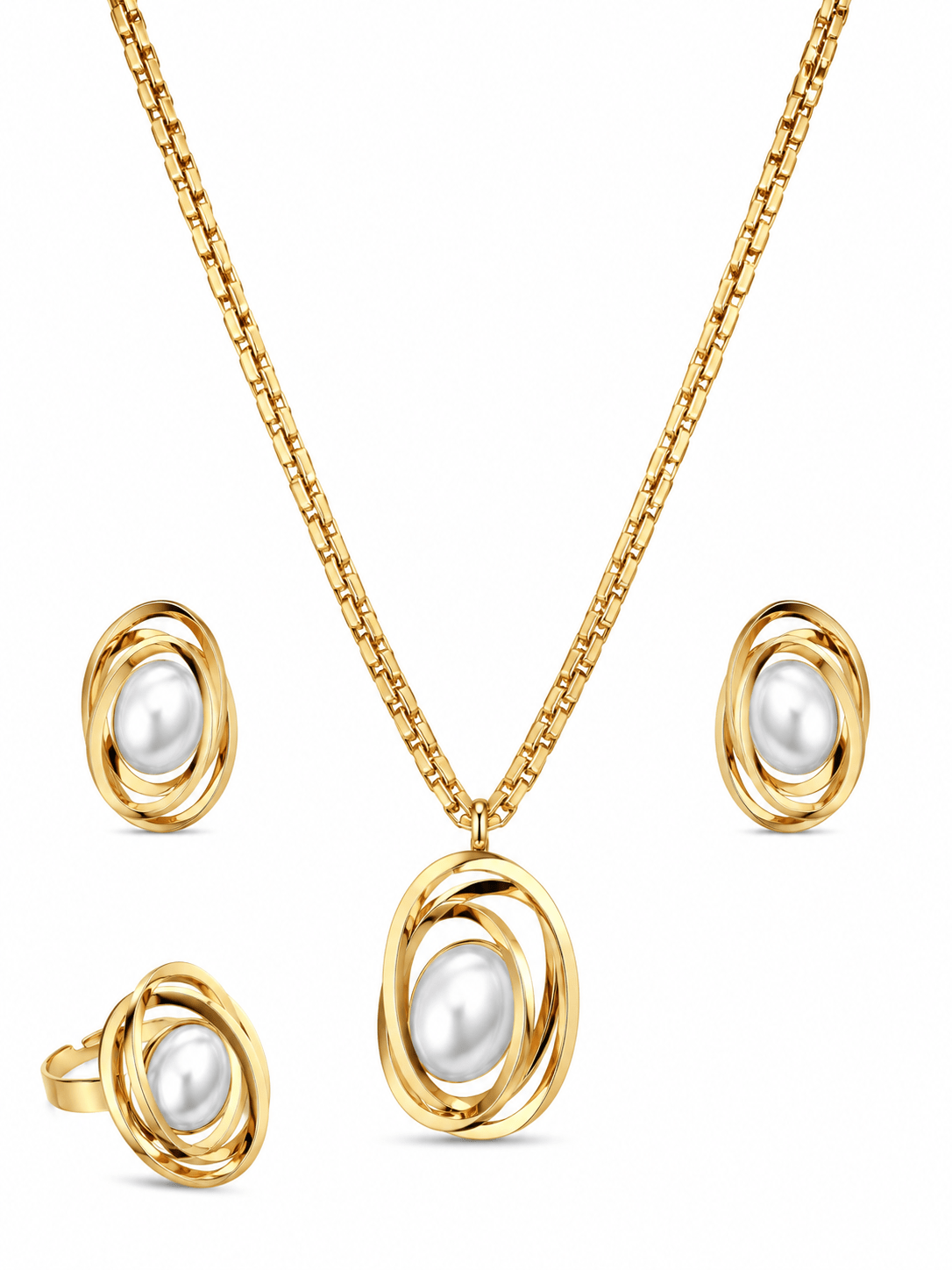 Wrapped Pearl Necklace, Earrings & Ring Set - Gold Spiral Statement Jewellery
