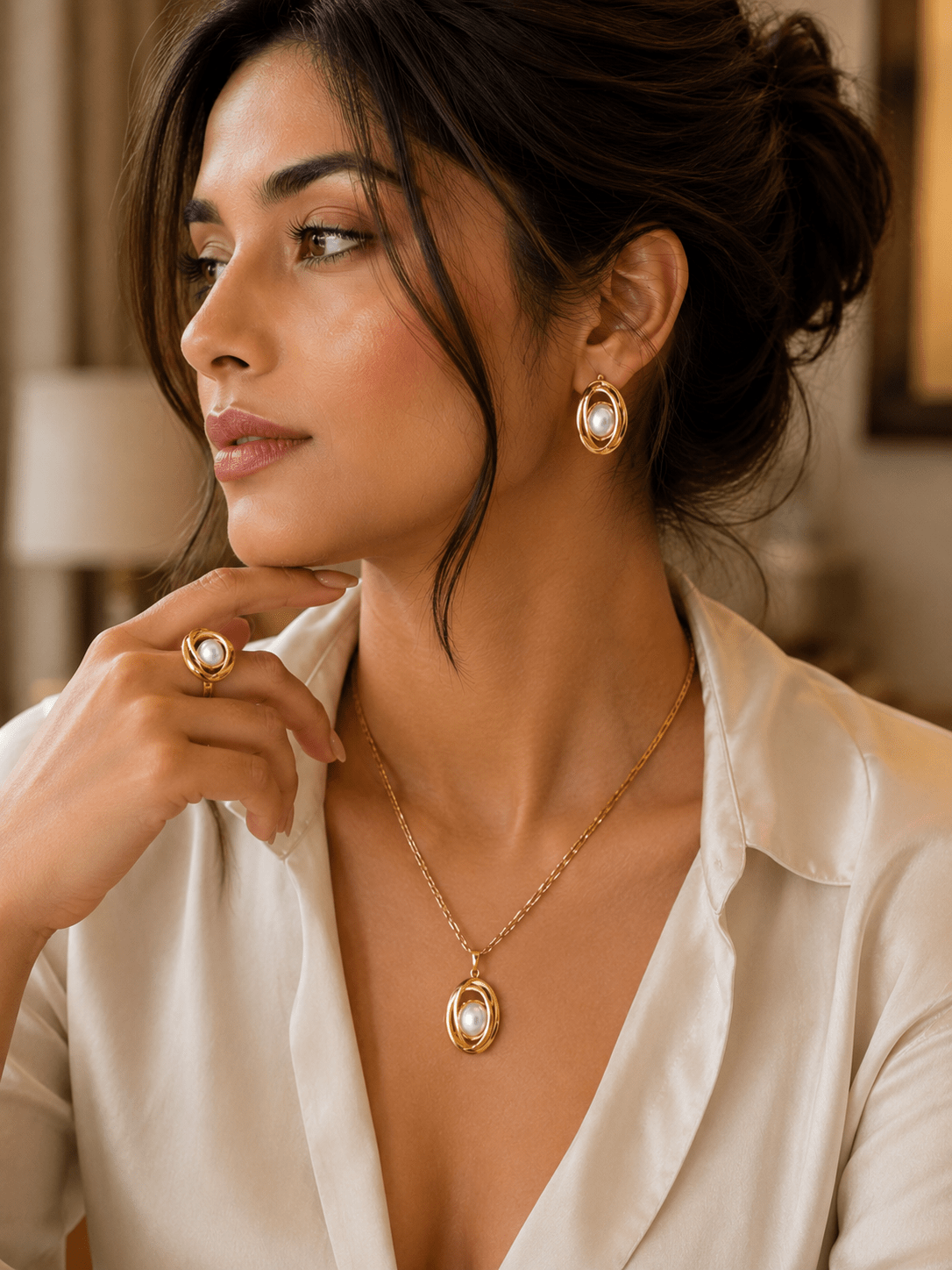 Wrapped Pearl Necklace, Earrings & Ring Set - Gold Spiral Statement Jewellery