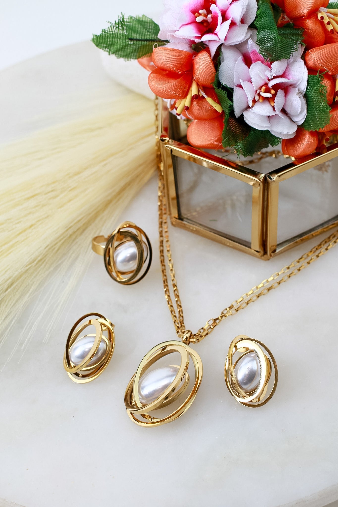 Wrapped Pearl Necklace, Earrings & Ring Set - Gold Spiral Statement Jewellery