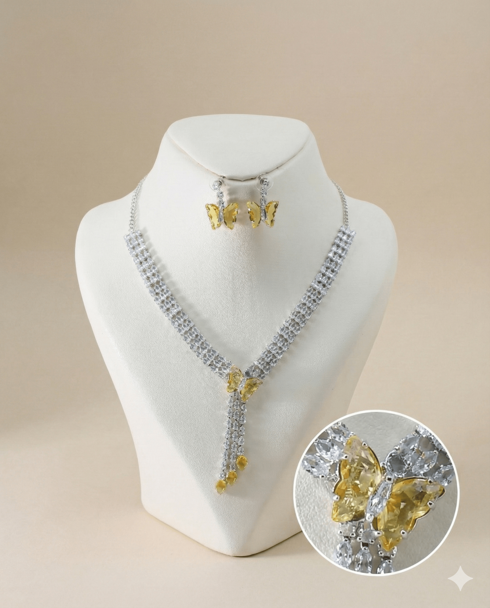 Yellow Butterfly Drop Korean Glass Stone Necklace Set | Statement Jewellery - Maxiblink