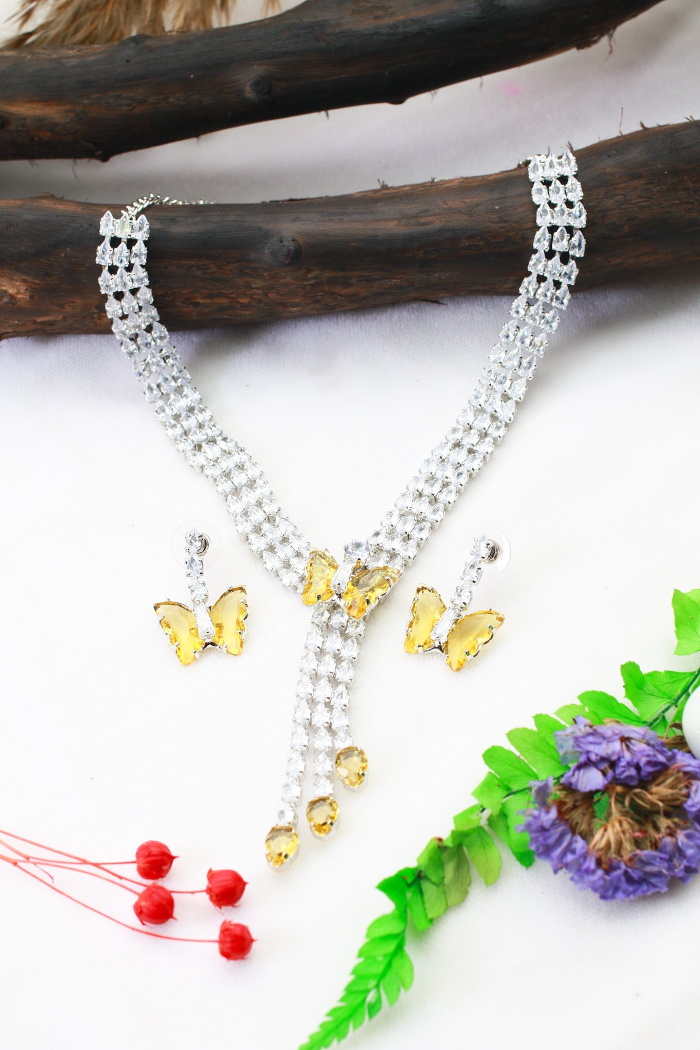 Yellow Butterfly Drop Korean Glass Stone Necklace Set | Statement Jewellery - Maxiblink